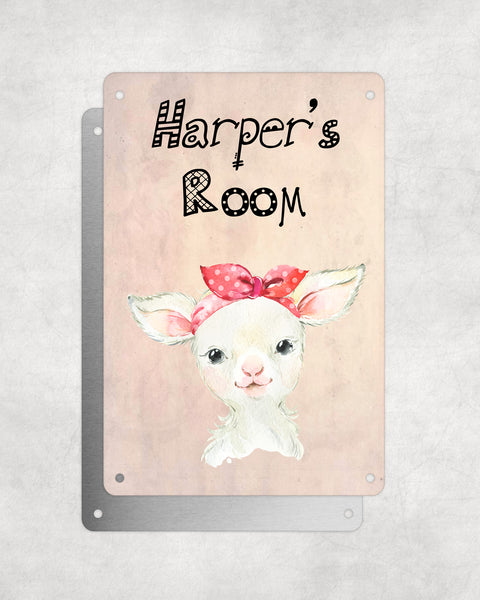 Cute Animal Personalised Name Plaque – Baby Lamb With Head Tie | Vintage-Style Aluminium Sign for Kids’ Room