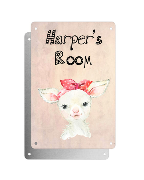 Cute Animal Personalised Name Plaque – Baby Lamb With Head Tie | Vintage-Style Aluminium Sign for Kids’ Room