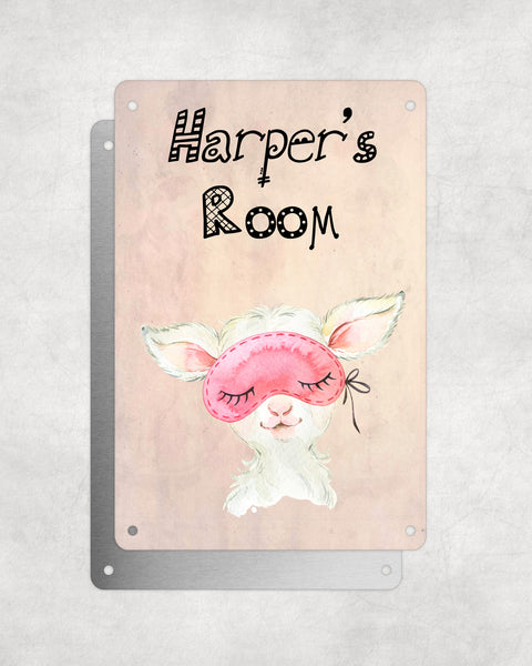 Cute Animal Personalised Name Plaque – Baby Lamb With Sleep Mask | Vintage-Style Aluminium Sign for Kids’ Room