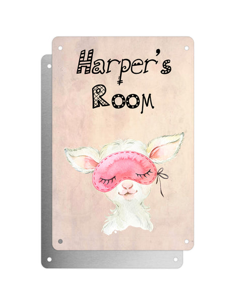 Cute Animal Personalised Name Plaque – Baby Lamb With Sleep Mask | Vintage-Style Aluminium Sign for Kids’ Room