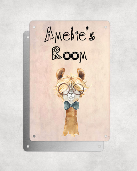 Cute Animal Personalised Name Plaque – Funny Llama Long Hair Glasses | Vintage-Style Aluminium Sign for Kids’ Room