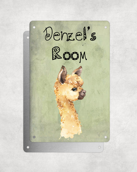 Cute Animal Personalised Name Plaque – Little Brown Llama | Vintage-Style Green Aluminium Sign for Kids’ Room