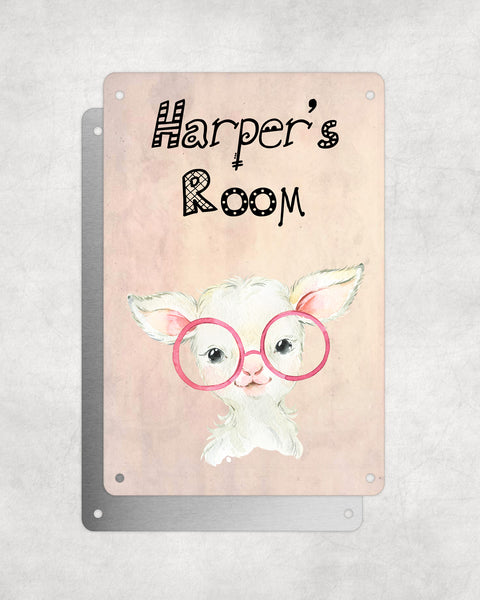 Cute Animal Personalised Name Plaque – Baby Lamb With Pink Glasses | Vintage-Style Aluminium Sign for Kids’ Room