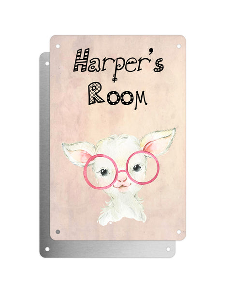 Cute Animal Personalised Name Plaque – Baby Lamb With Pink Glasses | Vintage-Style Aluminium Sign for Kids’ Room