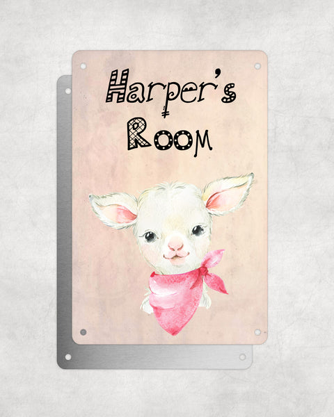 Cute Animal Personalised Name Plaque – Baby Lamb With Pink Neck Tie | Vintage-Style Aluminium Sign for Kids’ Room