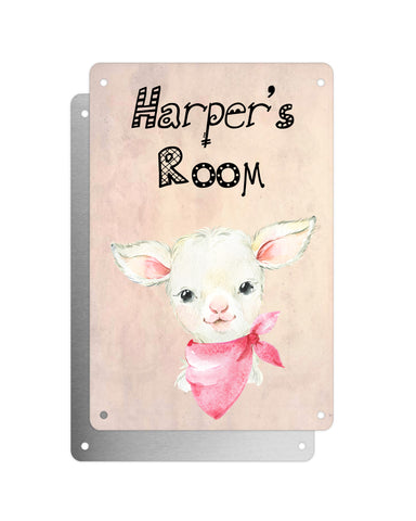 Cute Animal Personalised Name Plaque – Baby Lamb With Pink Neck Tie | Vintage-Style Aluminium Sign for Kids’ Room