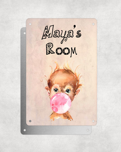 Cute Animal Personalised Name Plaque – Baby Orangutan With Bubblegum | Vintage-Style Aluminium Sign for Kids’ Room