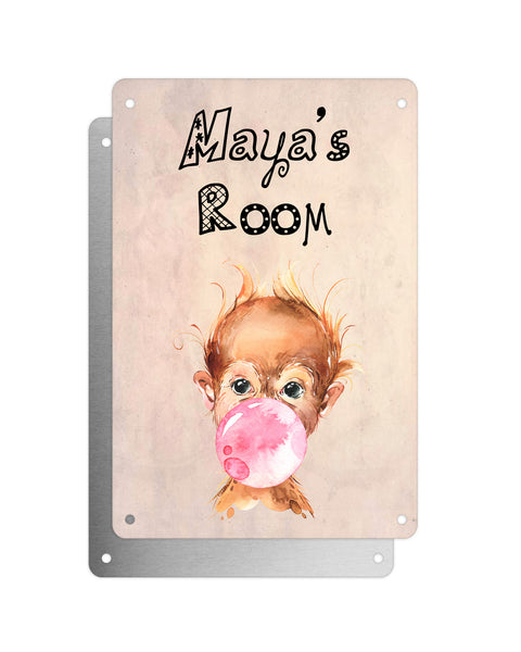 Cute Animal Personalised Name Plaque – Baby Orangutan With Bubblegum | Vintage-Style Aluminium Sign for Kids’ Room