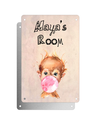 Cute Animal Personalised Name Plaque – Baby Orangutan With Bubblegum | Vintage-Style Aluminium Sign for Kids’ Room