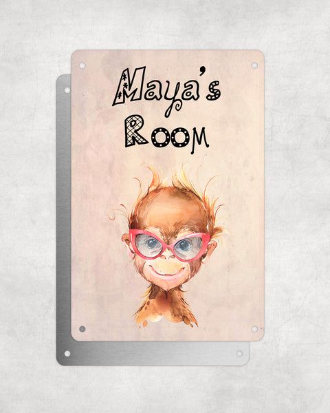 Cute Animal Personalised Name Plaque – Baby Orangutan With Red Glasses | Vintage-Style Aluminium Sign for Kids’ Room