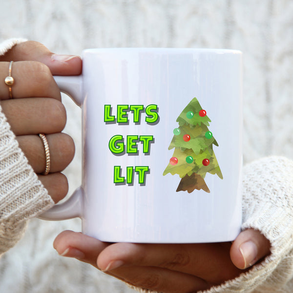Let's Get Lit, Fun Novelty Christmas Gift, Personalised Mug with Xmas Tree