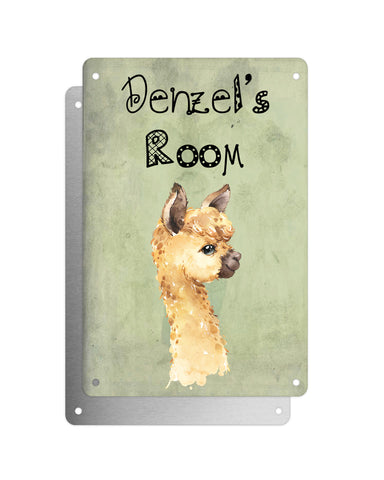 Cute Animal Personalised Name Plaque – Little Brown Llama | Vintage-Style Green Aluminium Sign for Kids’ Room