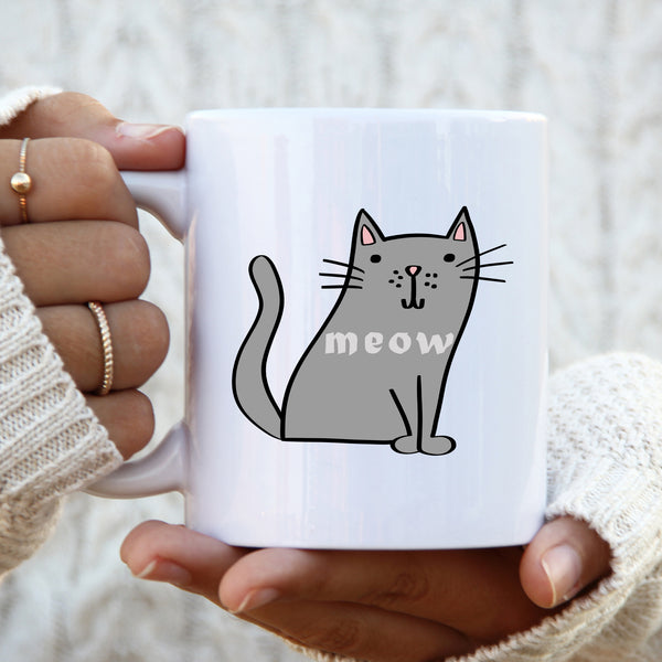 Meow, Funny Birthday Gift with Cat Design, Personalised Mug
