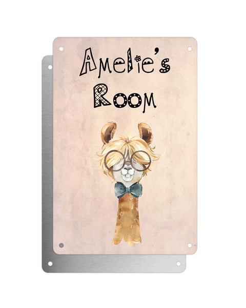 Cute Animal Personalised Name Plaque – Funny Llama Long Hair Glasses | Vintage-Style Aluminium Sign for Kids’ Room