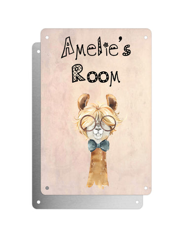 Cute Animal Personalised Name Plaque – Funny Llama Long Hair Glasses | Vintage-Style Aluminium Sign for Kids’ Room