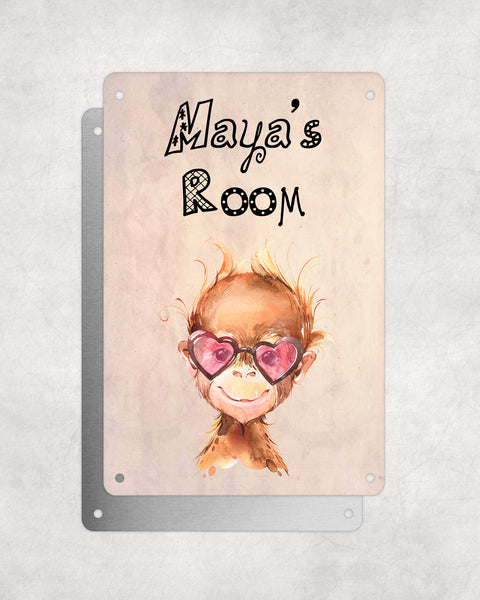 Cute Animal Personalised Name Plaque – Baby Orangutan With Heart Sunglasses | Vintage-Style Aluminium Sign for Kids’ Room