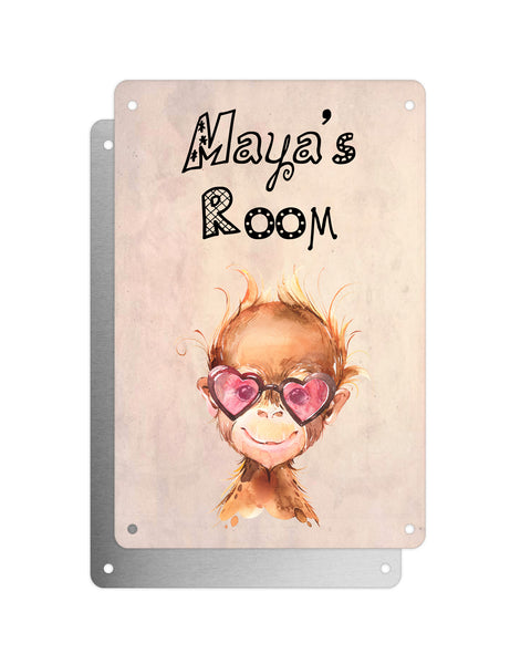 Cute Animal Personalised Name Plaque – Baby Orangutan With Heart Sunglasses | Vintage-Style Aluminium Sign for Kids’ Room