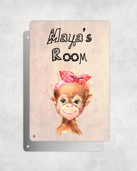 Cute Animal Personalised Name Plaque – Baby Orangutan With Head Tie | Vintage-Style Aluminium Sign for Kids’ Room