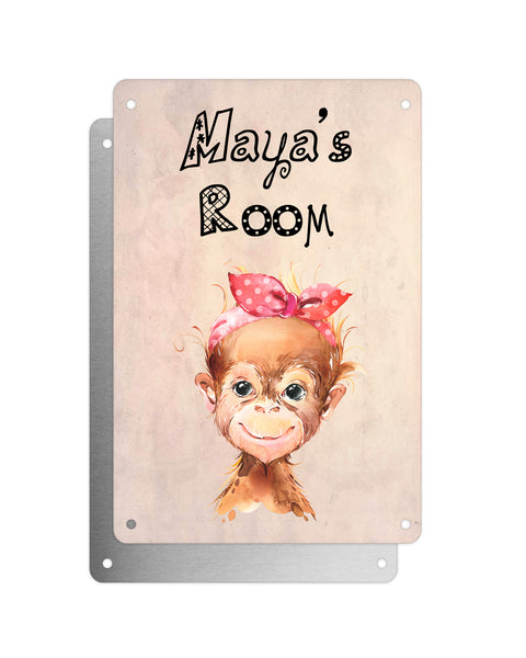 Cute Animal Personalised Name Plaque – Baby Orangutan With Head Tie | Vintage-Style Aluminium Sign for Kids’ Room