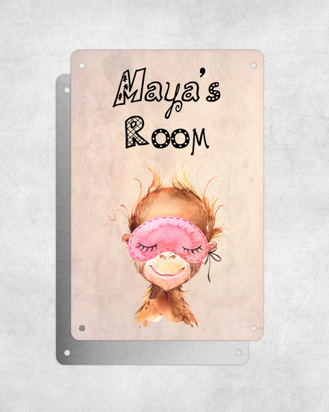Cute Animal Personalised Name Plaque – Baby Orangutan With Sleep Mask | Vintage-Style Aluminium Sign for Kids’ Room