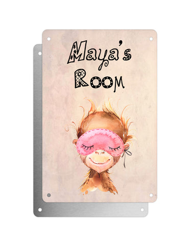 Cute Animal Personalised Name Plaque – Baby Orangutan With Sleep Mask | Vintage-Style Aluminium Sign for Kids’ Room