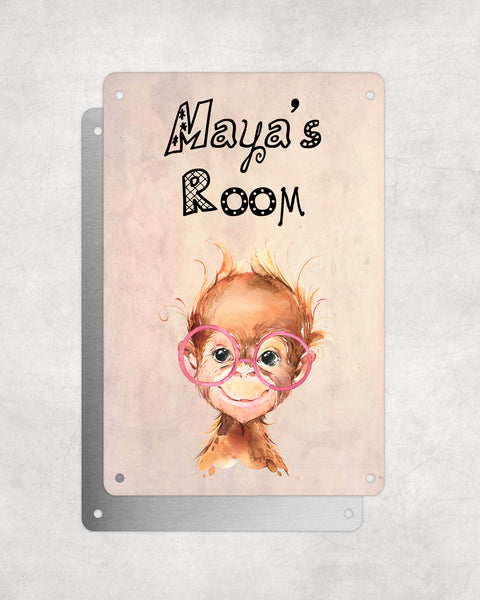 Cute Animal Personalised Name Plaque – Baby Orangutan With Pink Glasses | Vintage-Style Aluminium Sign for Kids’ Room