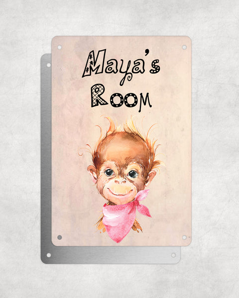 Cute Animal Personalised Name Plaque – Baby Orangutan With Pink Neck Tie | Vintage-Style Aluminium Sign for Kids’ Room