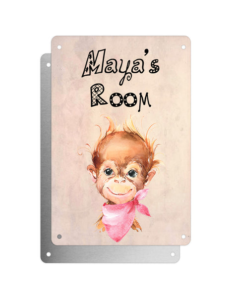 Cute Animal Personalised Name Plaque – Baby Orangutan With Pink Neck Tie | Vintage-Style Aluminium Sign for Kids’ Room