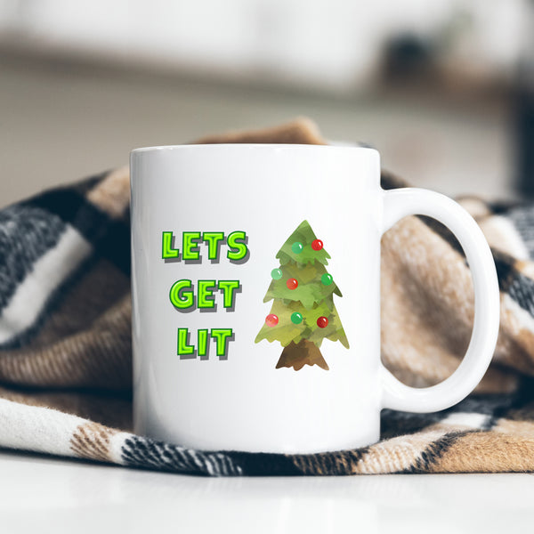 Let's Get Lit, Fun Novelty Christmas Gift, Personalised Mug with Xmas Tree