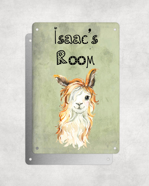 Cute Animal Personalised Name Plaque – Funny Llama With Beachy Waves | Vintage-Style Green Aluminium Sign for Kids’ Room