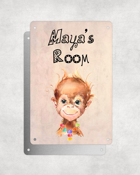 Cute Animal Personalised Name Plaque – Baby Orangutan With Hawaiian Lei | Vintage-Style Aluminium Sign for Kids’ Room