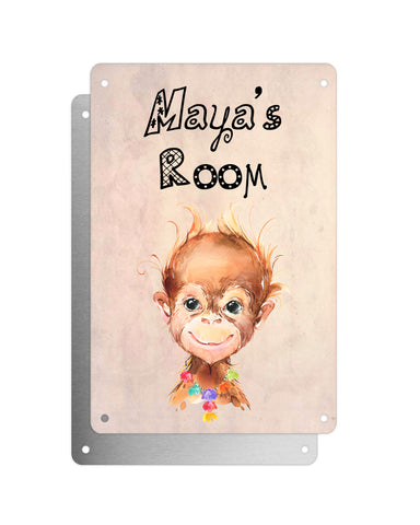 Cute Animal Personalised Name Plaque – Baby Orangutan With Hawaiian Lei | Vintage-Style Aluminium Sign for Kids’ Room