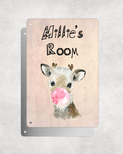 Cute Animal Personalised Name Plaque – Baby Reindeer With Bubblegum | Vintage-Style Aluminium Sign for Kids’ Room