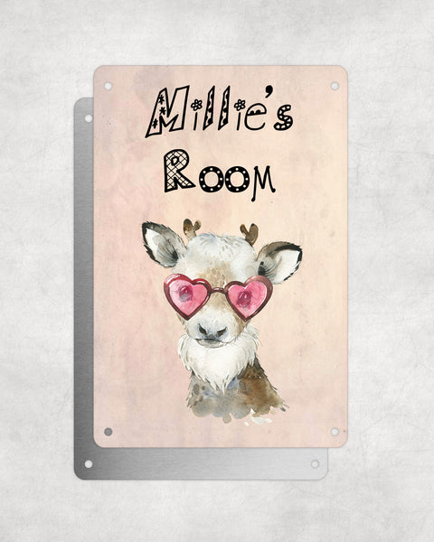 Cute Animal Personalised Name Plaque – Baby Reindeer With Heart Sunglasses | Vintage-Style Aluminium Sign for Kids’ Room