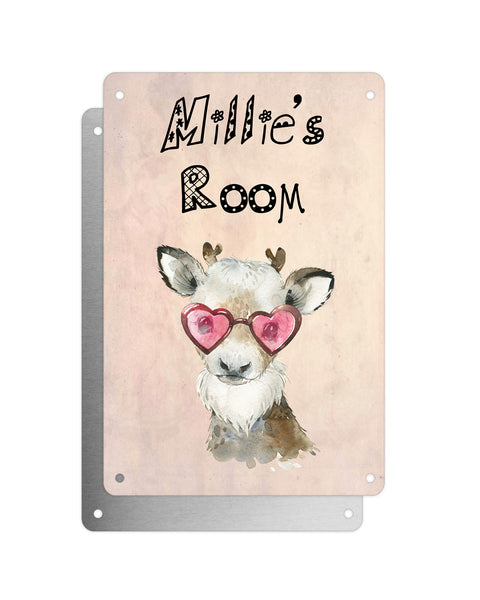 Cute Animal Personalised Name Plaque – Baby Reindeer With Heart Sunglasses | Vintage-Style Aluminium Sign for Kids’ Room