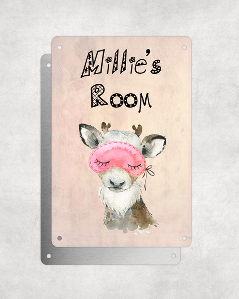Cute Animal Personalised Name Plaque – Baby Reindeer With Sleep Mask | Vintage-Style Aluminium Sign for Kids’ Room