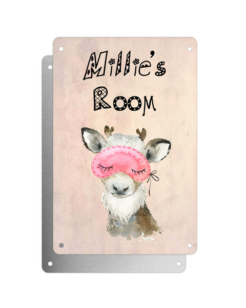 Cute Animal Personalised Name Plaque – Baby Reindeer With Sleep Mask | Vintage-Style Aluminium Sign for Kids’ Room