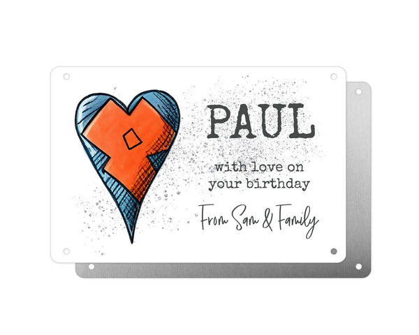Personalised Graveside Plaque, Aluminium Bereavement Sheet, Metal Sign, Blue and Orange Heart, Remembrance Gift