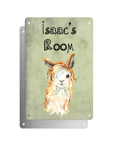 Cute Animal Personalised Name Plaque – Funny Llama With Beachy Waves | Vintage-Style Green Aluminium Sign for Kids’ Room