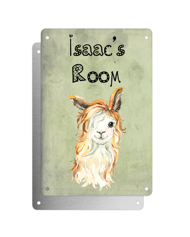 Cute Animal Personalised Name Plaque – Funny Llama With Beachy Waves | Vintage-Style Green Aluminium Sign for Kids’ Room