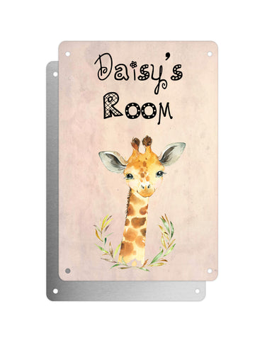 Cute Animal Personalised Name Plaque – Baby Giraffe Wreath | Vintage-Style Aluminium Sign for Kids’ Room