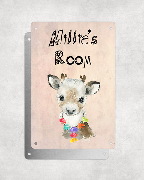 Cute Animal Personalised Name Plaque – Baby Reindeer With Hawaiian Lei | Vintage-Style Aluminium Sign for Kids’ Room