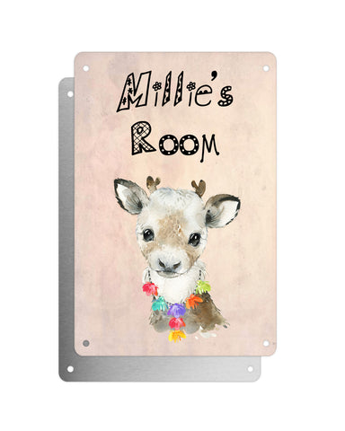 Cute Animal Personalised Name Plaque – Baby Reindeer With Hawaiian Lei | Vintage-Style Aluminium Sign for Kids’ Room