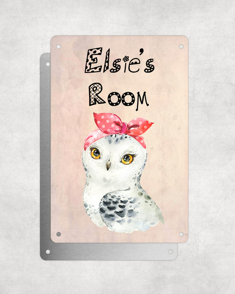 Cute Animal Personalised Name Plaque – Snowy Owl With Head Tie | Vintage-Style Aluminium Sign for Kids’ Room