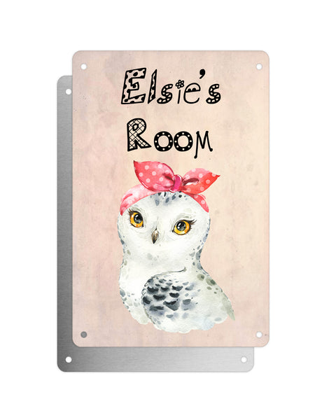 Cute Animal Personalised Name Plaque – Snowy Owl With Head Tie | Vintage-Style Aluminium Sign for Kids’ Room
