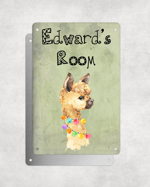 Cute Animal Personalised Name Plaque – Little Brown Llama With Hawaiian Lei | Vintage-Style Green Aluminium Sign for Kids’ Room