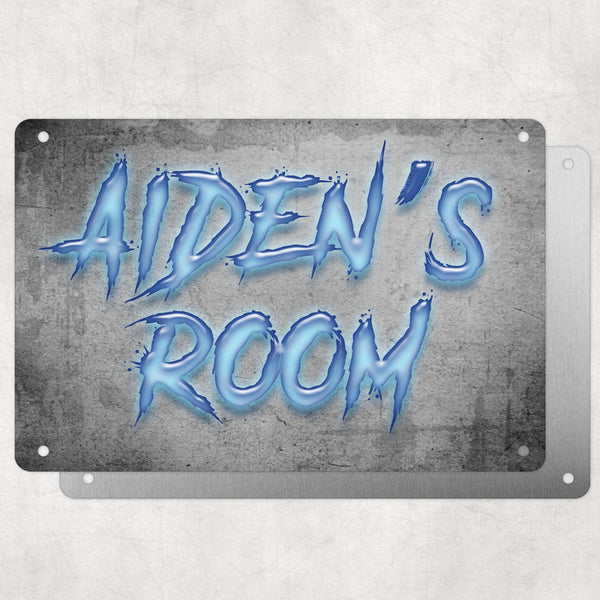 Boys Personalised Bedroom Name Plaque – Aluminium Metal Sign | Ice Blue Slash Font | Gift for Him
