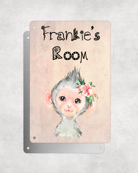 Cute Animal Personalised Name Plaque – Baby Monkey With Flower | Vintage-Style Aluminium Sign for Kids’ Room