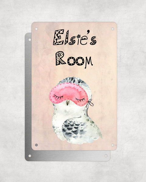 Cute Animal Personalised Name Plaque – Snowy Owl With Sleep Mask | Vintage-Style Aluminium Sign for Kids’ Room