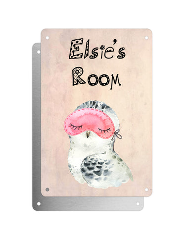 Cute Animal Personalised Name Plaque – Snowy Owl With Sleep Mask | Vintage-Style Aluminium Sign for Kids’ Room
